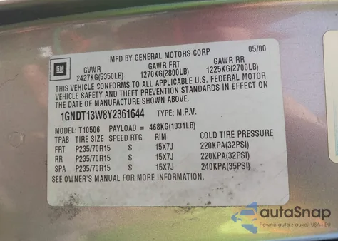 2000 Chevrolet Blazer Lt из США, поврежденный, VIN 1GNDT13W8Y2361644